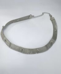 Mini Topçuk Detay Gümüş Hasır Choker Kolye (45cm)